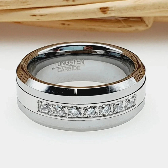 "Silver Tungsten CZ Inlay Wedding Ring for Man, GALTUN772 - Picture 1 of 10